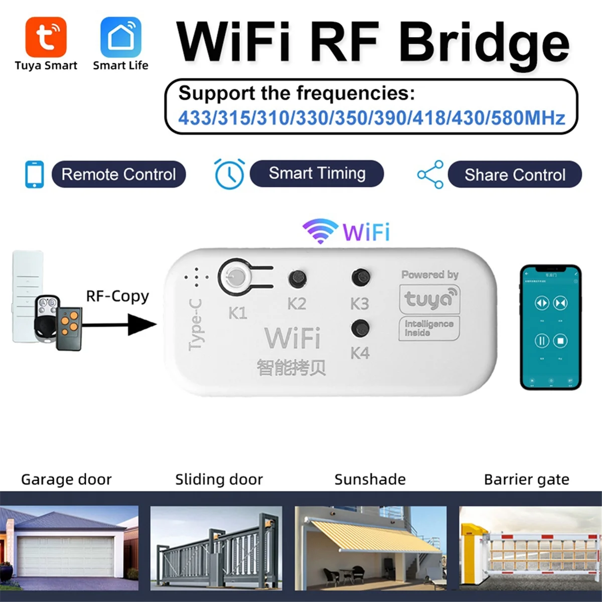 M85K 새로운 Tuya 433Mhz 복사기 차고 문 원격 제어 복사기 전기 도어 롤링 도어 커튼 천막 차양