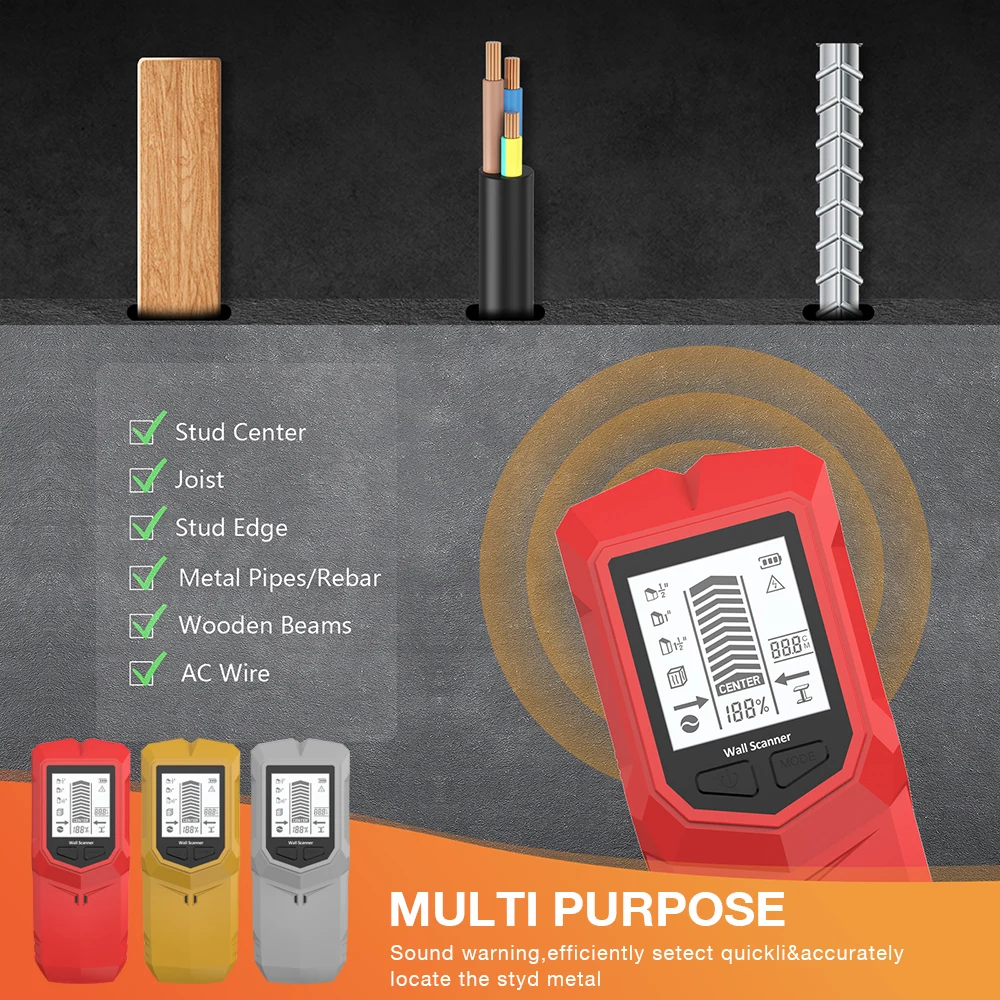 HW-910 Настенный сканер Шпилька Настенный сканер Металлоискатель Провода переменного тока Кабель ПВХ Водопровод Металлический сканер по дереву