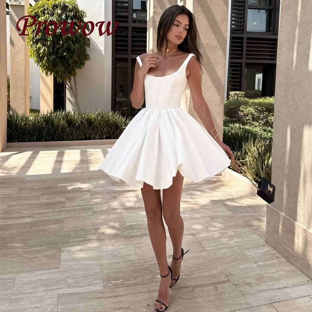 

Prowow Simple A Line Short Wedding Dress Scoop Neck Sleeveless Mini Bridal Gown Customized Zip Back Occation Gown