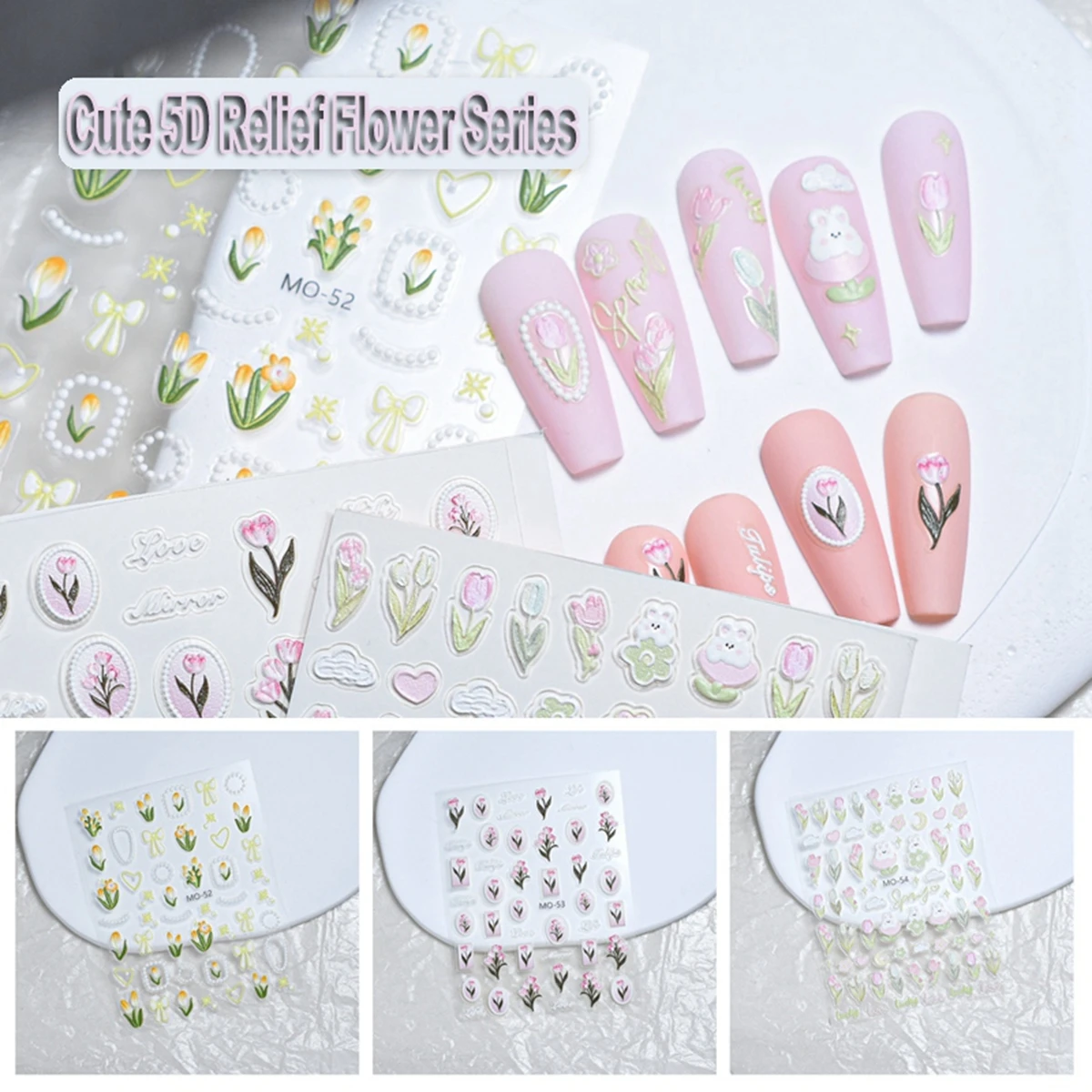 5D Relief Tulip Flower Nail Stickers Summer Petals Flower Leaves Design Manicure Decoration Slider Nail Charms Decals