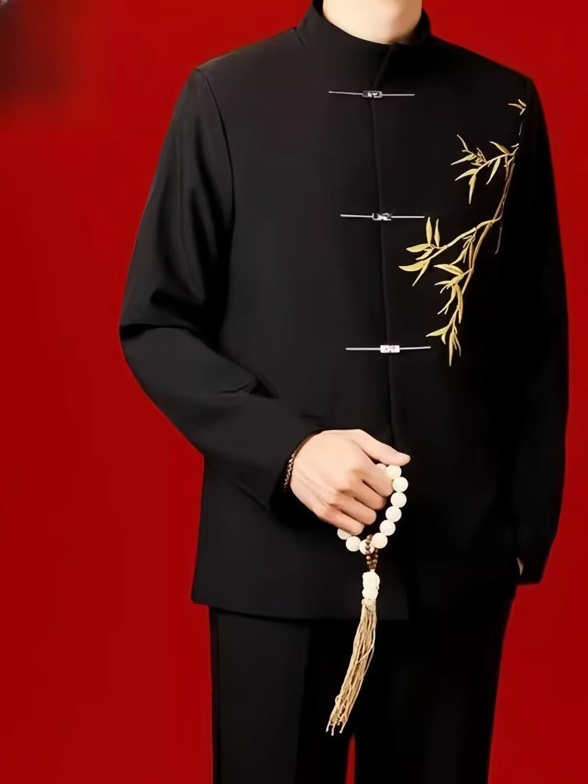 New Chinese Style Men's Casual Bamboo Suit Jacket Spring Autumn High Collar Full Lined Anti-Wrinkle Wedding Wear Polyester Fiber