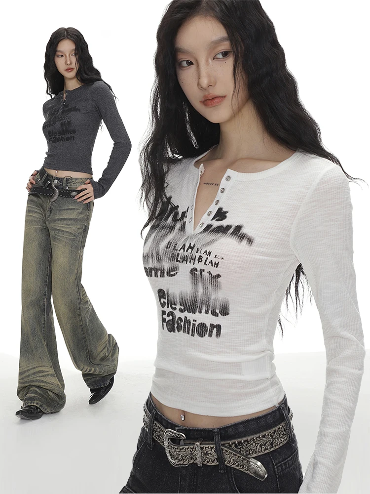 November American Hot Girl Letter Graffiti Print Slim Fit Short T-Shirt Women's Spring Autumn Small Size Youth round Neck Lon...