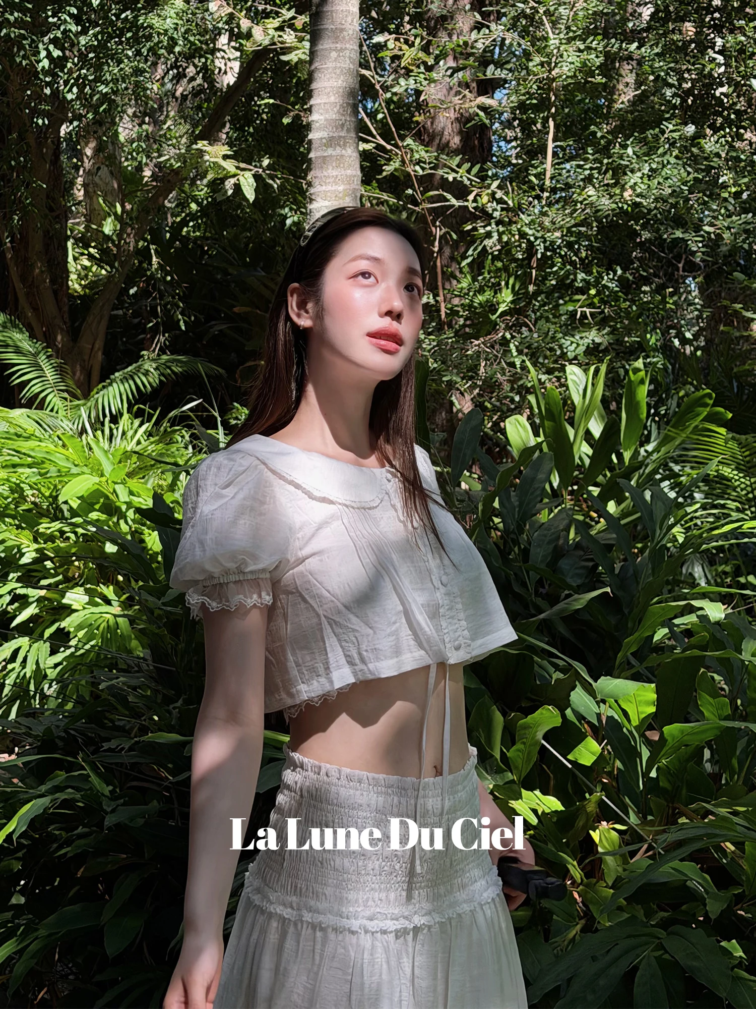 

LaluneDuCiel Spicy Girl Lace Short Shirt Women's Fashion Doll Collar Drawstring Ribbon Design Age Reduction Bubble Sleeve