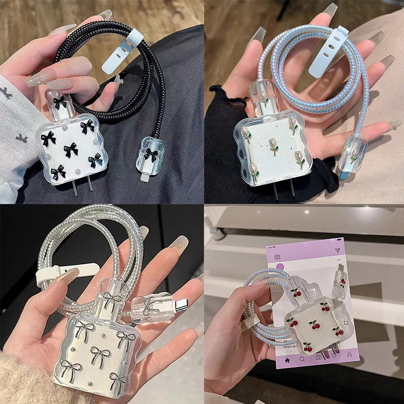 5 Stück/Set Transparente Schwarze Schleifen-Schutzhülle für iPhone 18W/20W Datenkabel Ladekabelschutz Ladezubehör