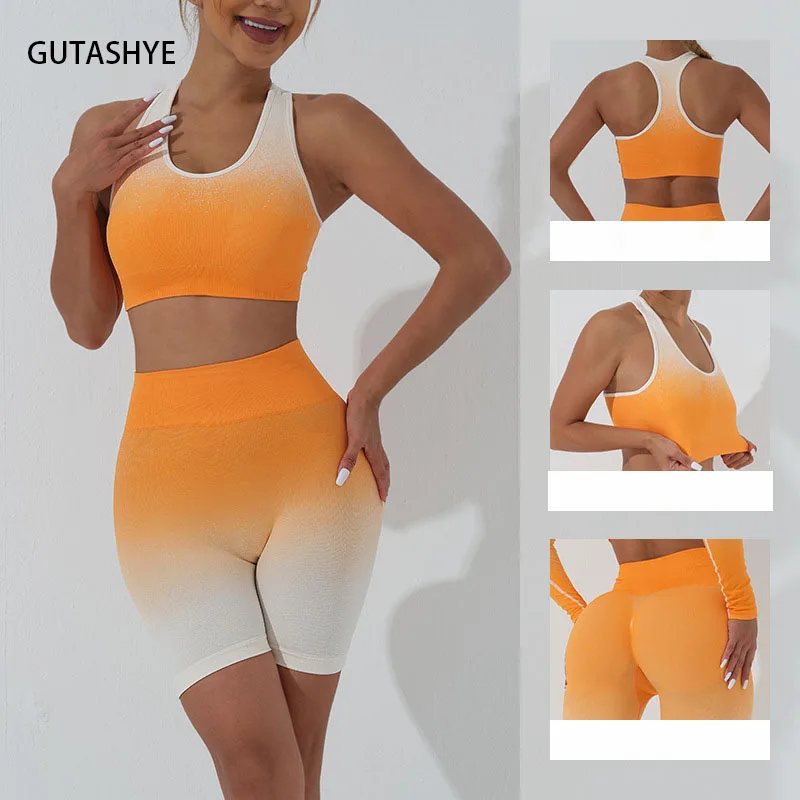 Nahtlose Frauen Yoga Set Workout Trainings anzug Sportswear Sport kleidung Fitness Langarm Crop Top High Taille Leggings Gradient Anzug