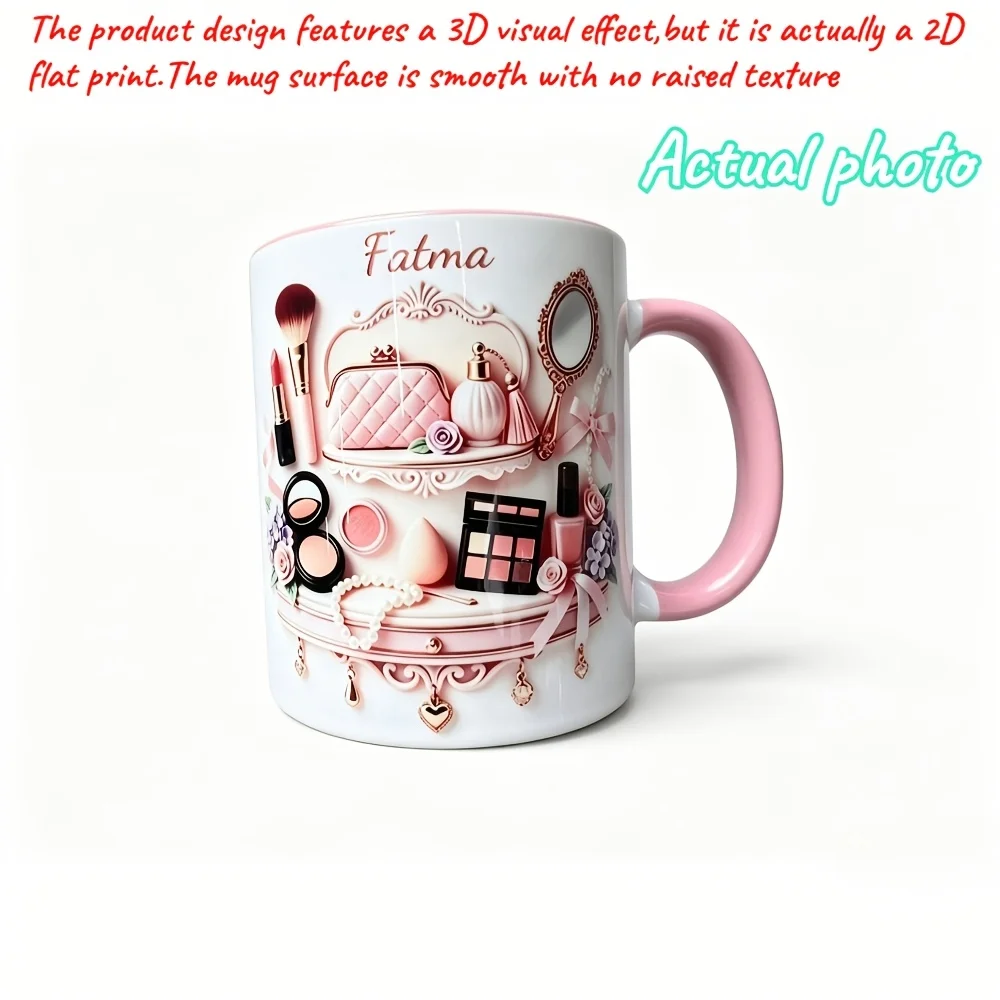 1pc Personalized Makeup Mug Custom Name Pink Ceramic Cup Beauty Vanity Coffee Cup 11oz 2D Heat Transfer Reusable Hot Cold Isolat