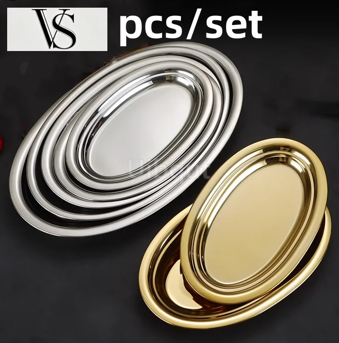 Plate Rice Barbecue Noodle 2 Pcs Stainless /Set Steel Oval Plate Egg-Shaped Fish Steamed Dish Elliptical Korean Oval Gold