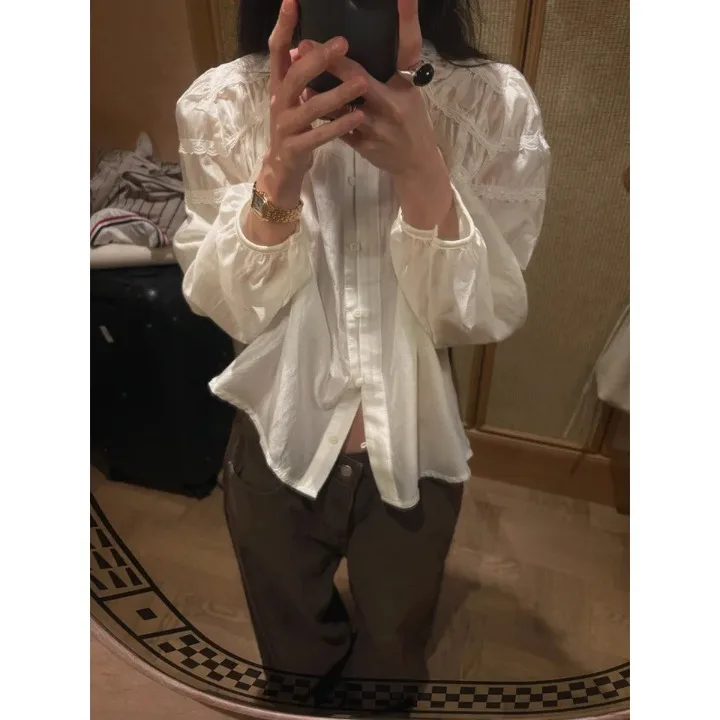 Bolha de renda sve irt feminino suave ele topo primavera novo solto versátil irt coreano sle pele-amigável respirável