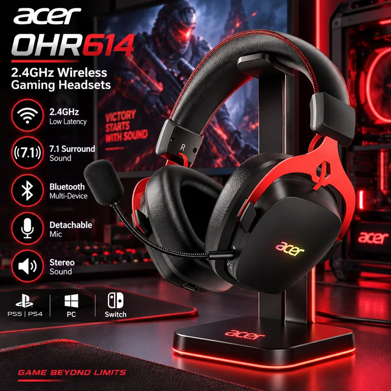 Acer 2.4GHz Wireless Gaming Headsets 7.1 Surround Sound Bluetooth Gaming Headset with Mic for PS5, PS4, PC, Switch Stereo Sound
