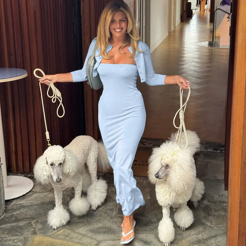 

Blifanbo Elegant Cardigan Two-Piece Set Women Long Sleeve Slim Cardigan And Long Dress Matching Set Autumn Fashion Dress Set