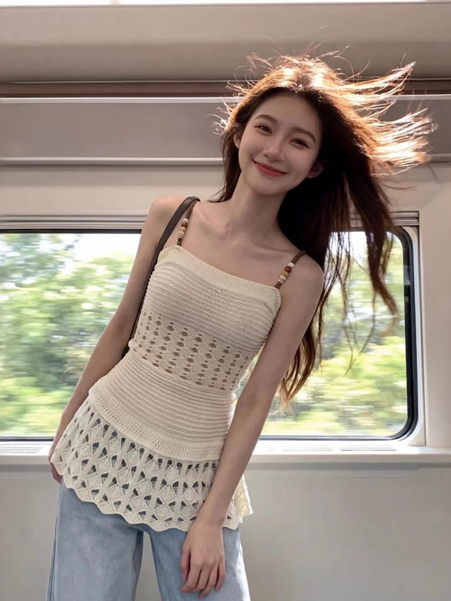 Elegante Top sin mangas calado con cinturón para mujer, de longitud media, para verano, con sensación de belleza, Top Blanco Néctar Pequeño