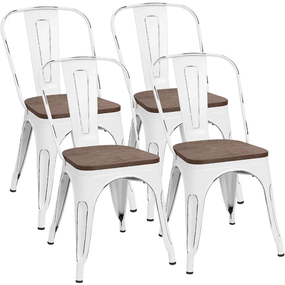 

Metal Dining Chairs with Wood Seat, Indoor-Outdoor Use Stackable Chic Dining Bistro Cafe Side Metal Chairs Set of 4(White)