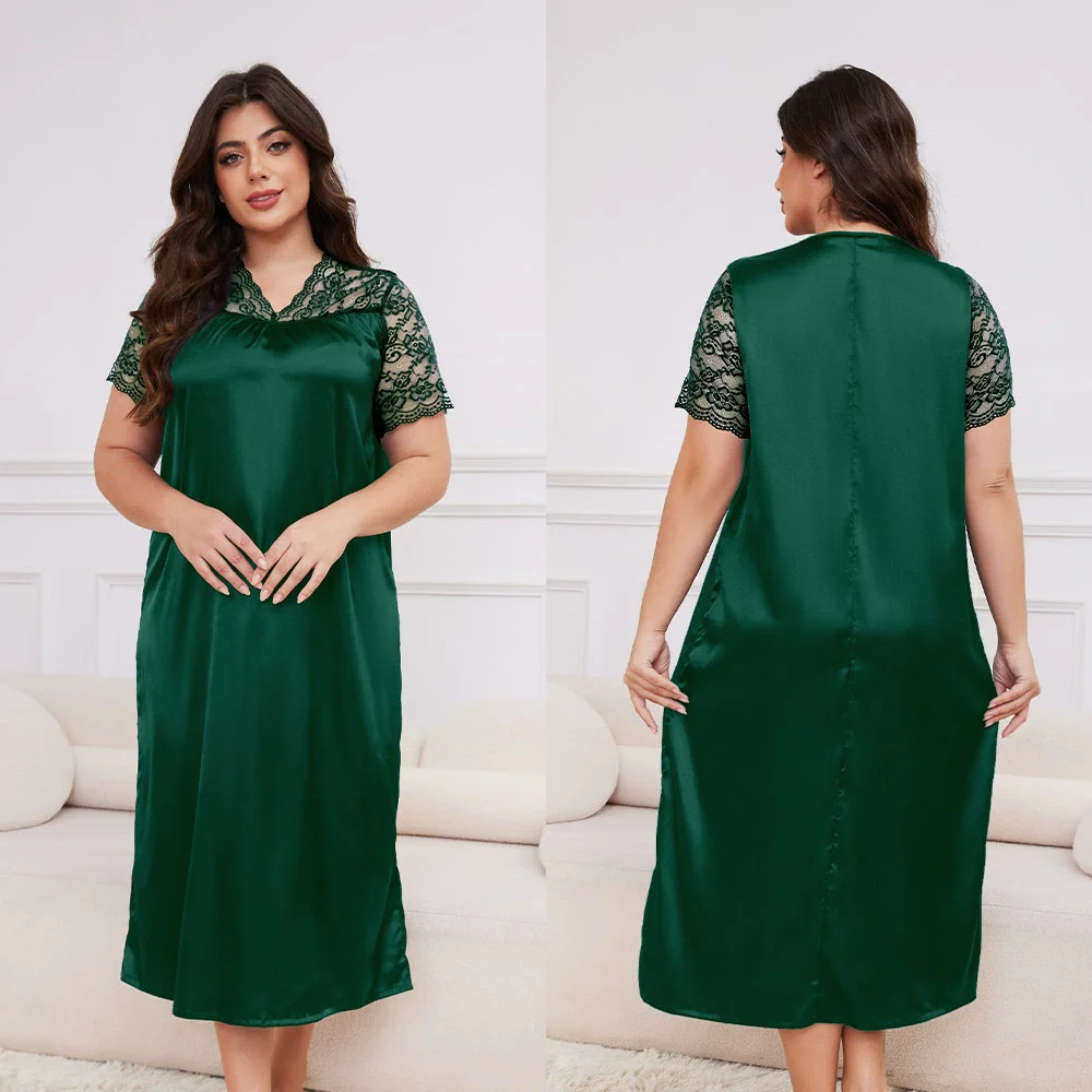 Loose Women's Nightgown Sexy Summer Short Sleeve Silk Lace Night Dress For Woman Nightie Pajamas Dress Night Wear Female 2