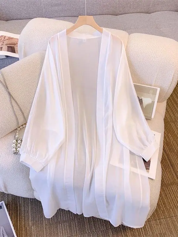Women's Summer New Long Ice Silk Sun Protection Cardigan with Sling Skirt Air Conditioner Cover up Top V-Neck Midsleeve