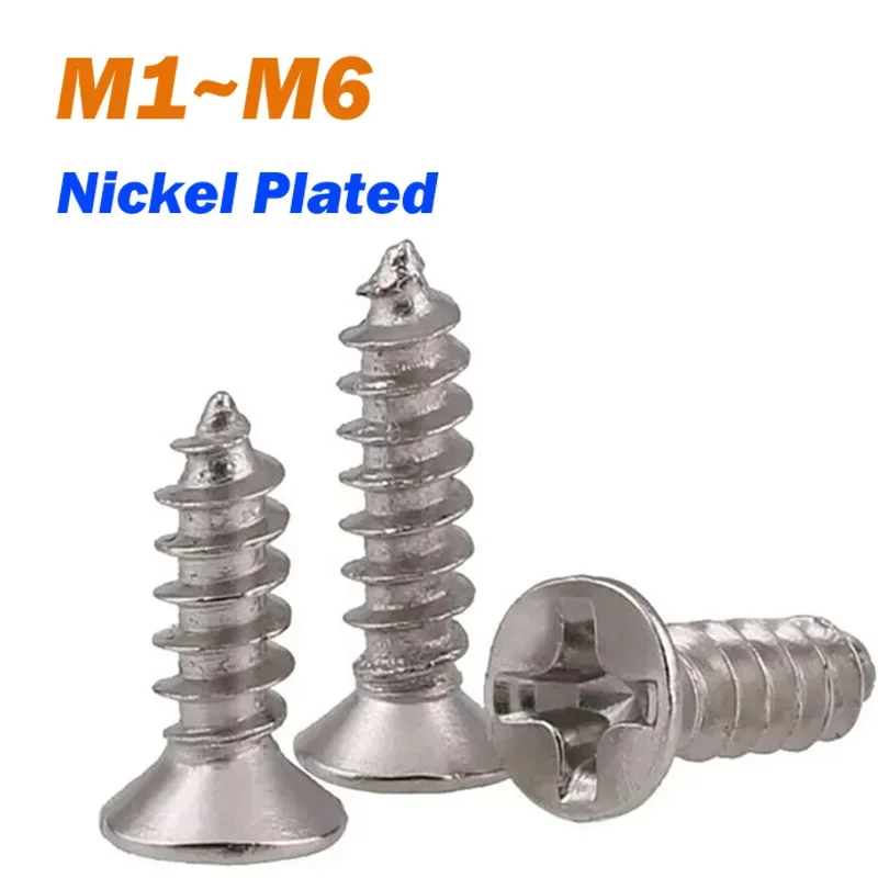 Nickel Plated M1 M1.2 M1.4 M1.6 M1.7 M2 M2.5 M3 M3.5~M6 Phillips Flat Countersunk Head Self Tapping Wood Screw Length 2mm-50mm