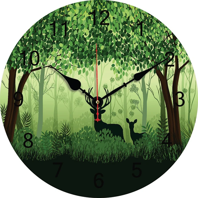 Green Forest Deer Wall Clock Kitchen Decor Wall Art Silent Non Ticking Large Round Wall Clocks For Living Room Bedroom Office