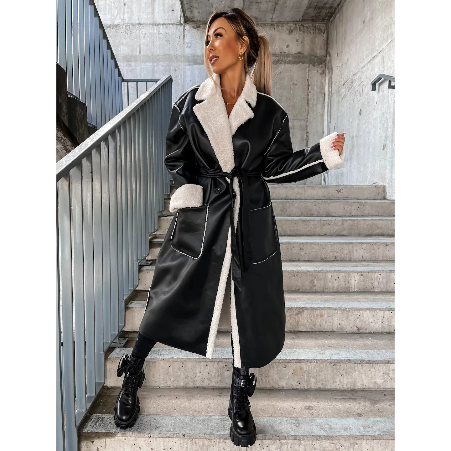 Autumn and Winter New Casual Leather Thickened Windbreaker with Pockets Long Windbreaker with Belt Loose Fashion Coat for Women