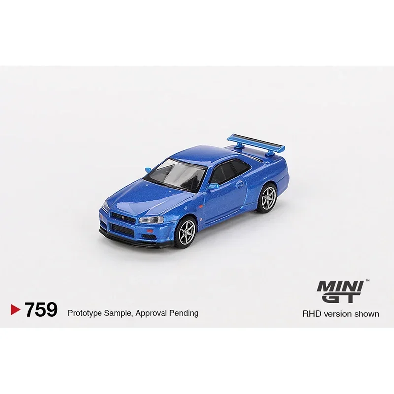 MINIGT 759 재고 있음 1:64 닛산 스카이라인 GTR R34 V SPEC 베이사이드 블루 다이캐스트 디오라마 모델 컬렉션장난감