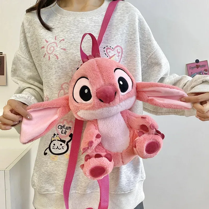Mochila y bolso cruzado de felpa 2 en 1 de Disney Stitch, correa doble para el hombro con bolsa de almacenamiento con cremallera, regalo Kawaii para niñas