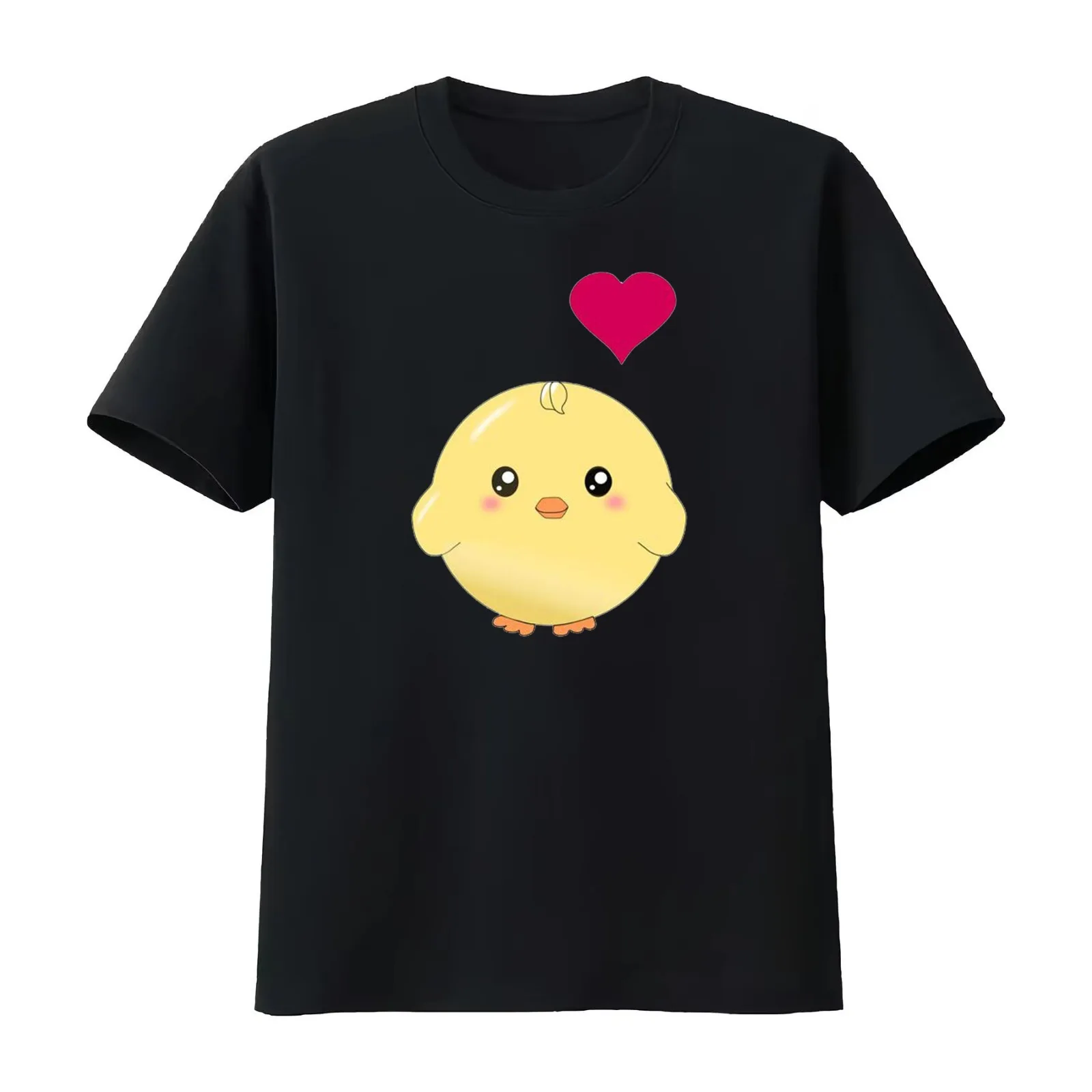 Cute yellow chick with red love heart - sweet kawaii anime cartoon - adorable round baby bird T-Shirt Summer Casual Cotton Tee