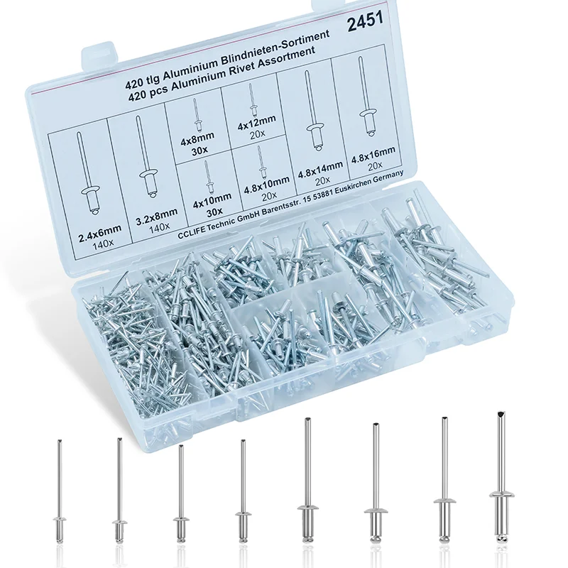 

420 шт. алюминиевые глухие заклепки с куполообразной головкой, набор глухих заклепок M2.4 M3.2 M4 M4.8, комплект заклепок, гвоздь для набора мебели