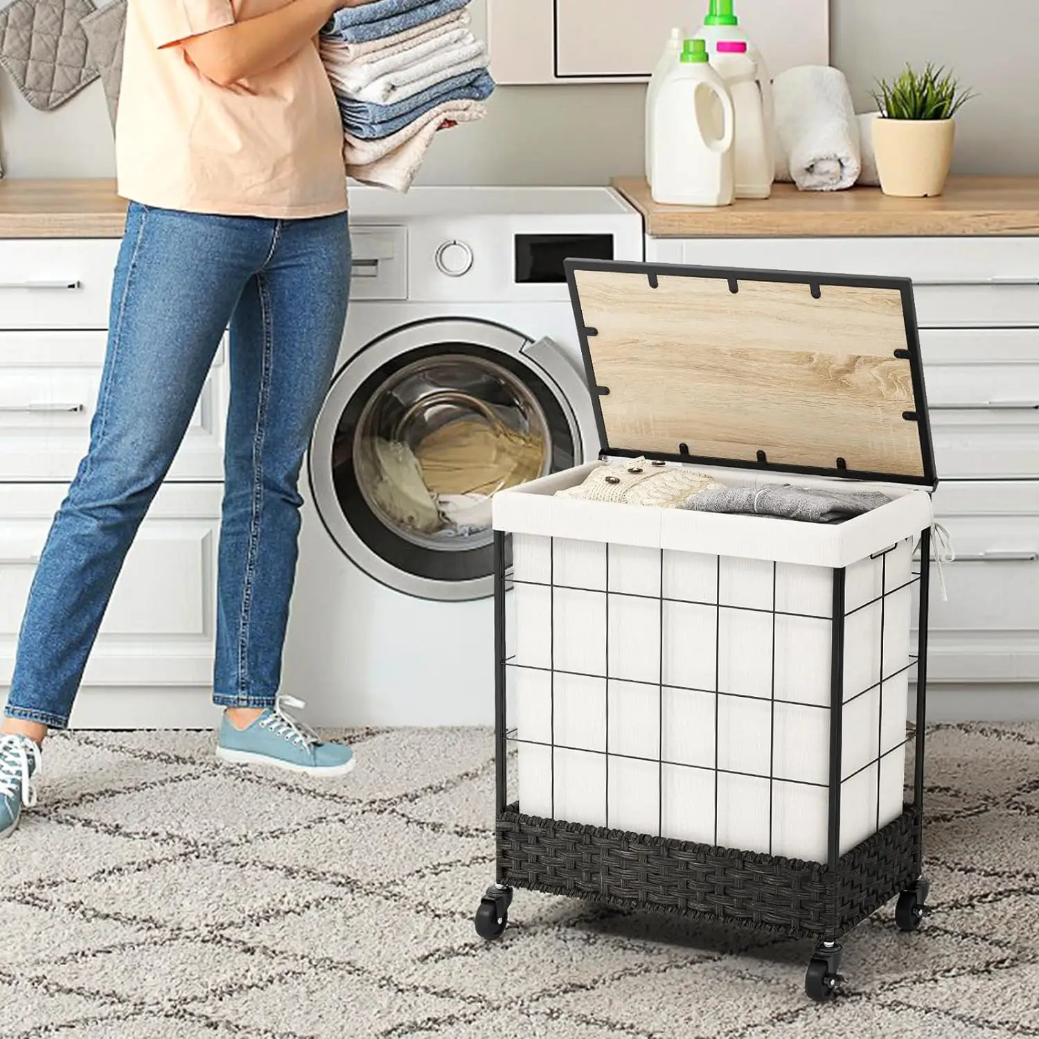 Comfort corner Laundry Hamper with Lid and Wheels,Divided Clothes Hamper with Handle & Removable Liner Bag,Rattan Laundry Basket