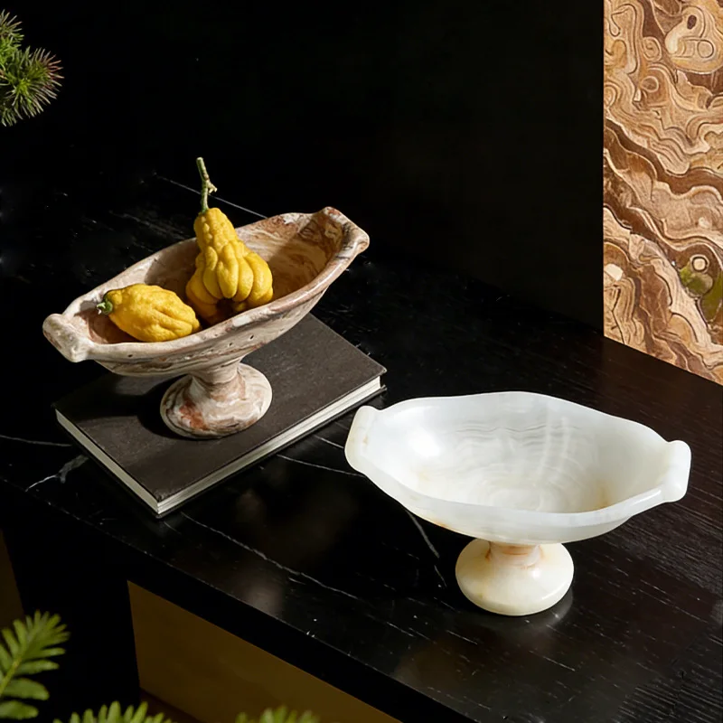 Luxury Natural Marble High Footed Irregular Fruit Tray Design Ornament Sample Room Home Living Room Desktop Storage Bowl Decorat
