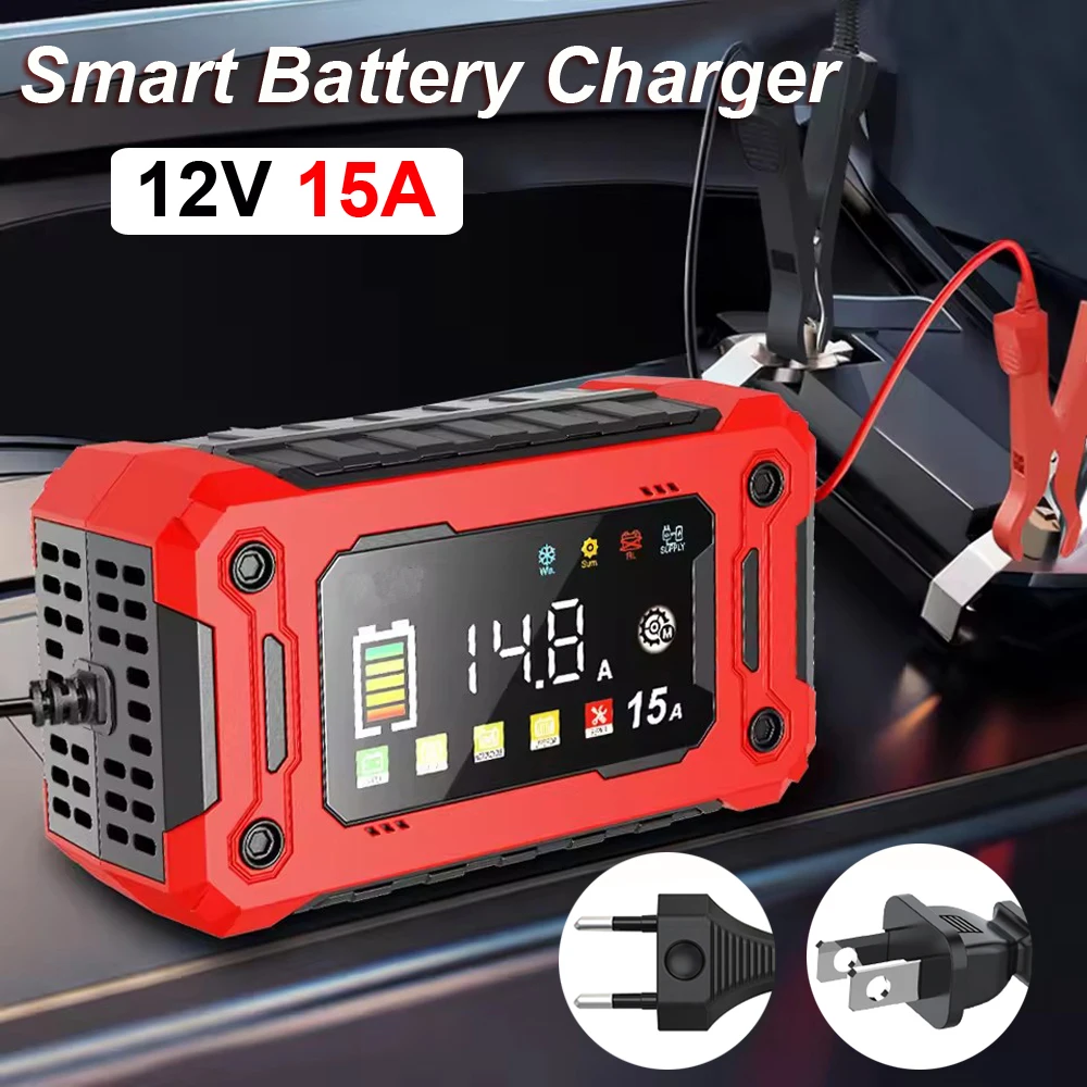 

15A Car Battery Charger Fully Automatic Pulse Repair Charger for Lifepo4 AGM Lead-Acid Lithium Iron Battery Maintainer