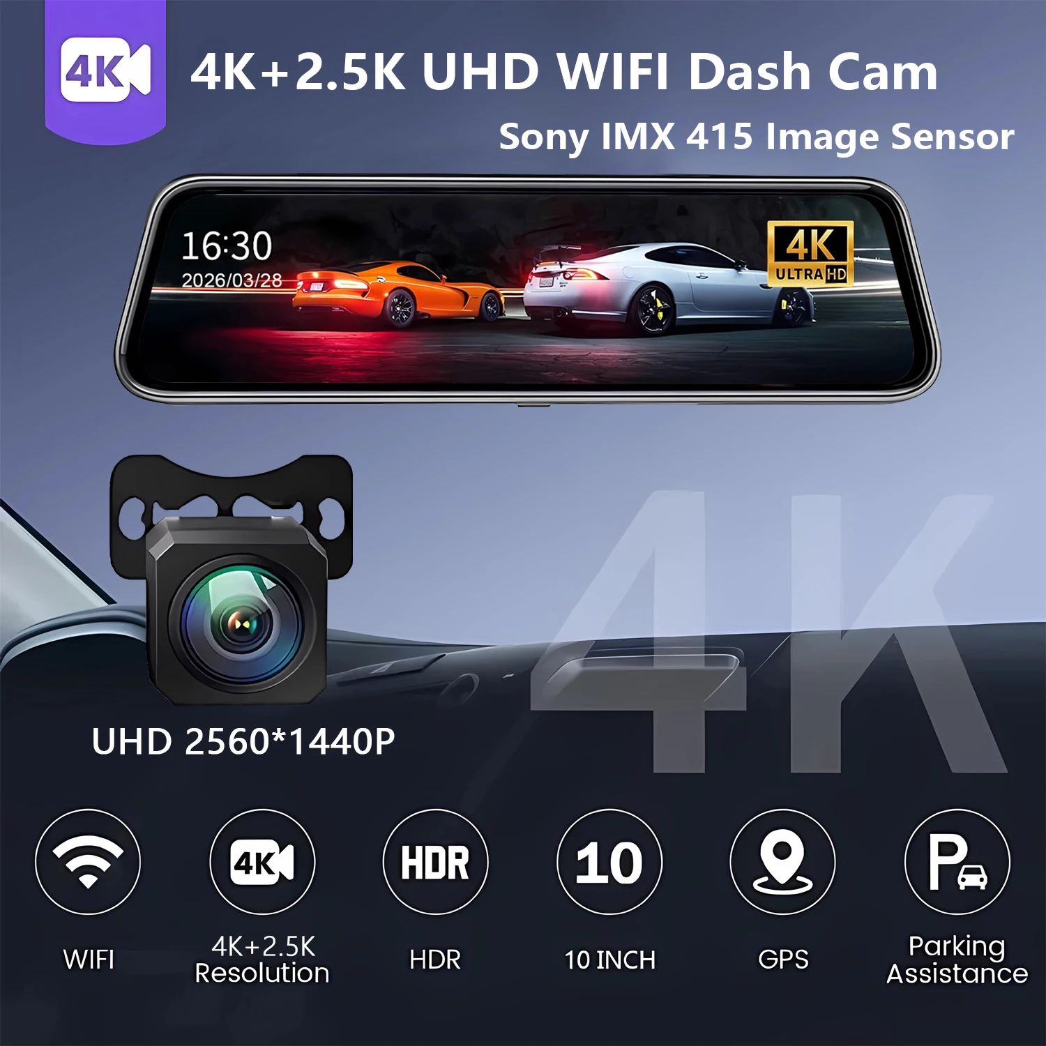 10 Inch 4K 3840*2160P Car Dvr Dash Cam Support Wifi GPS Dual Lens Dashcam Rear View Mirror Video Drive Recorder Camera Registrar