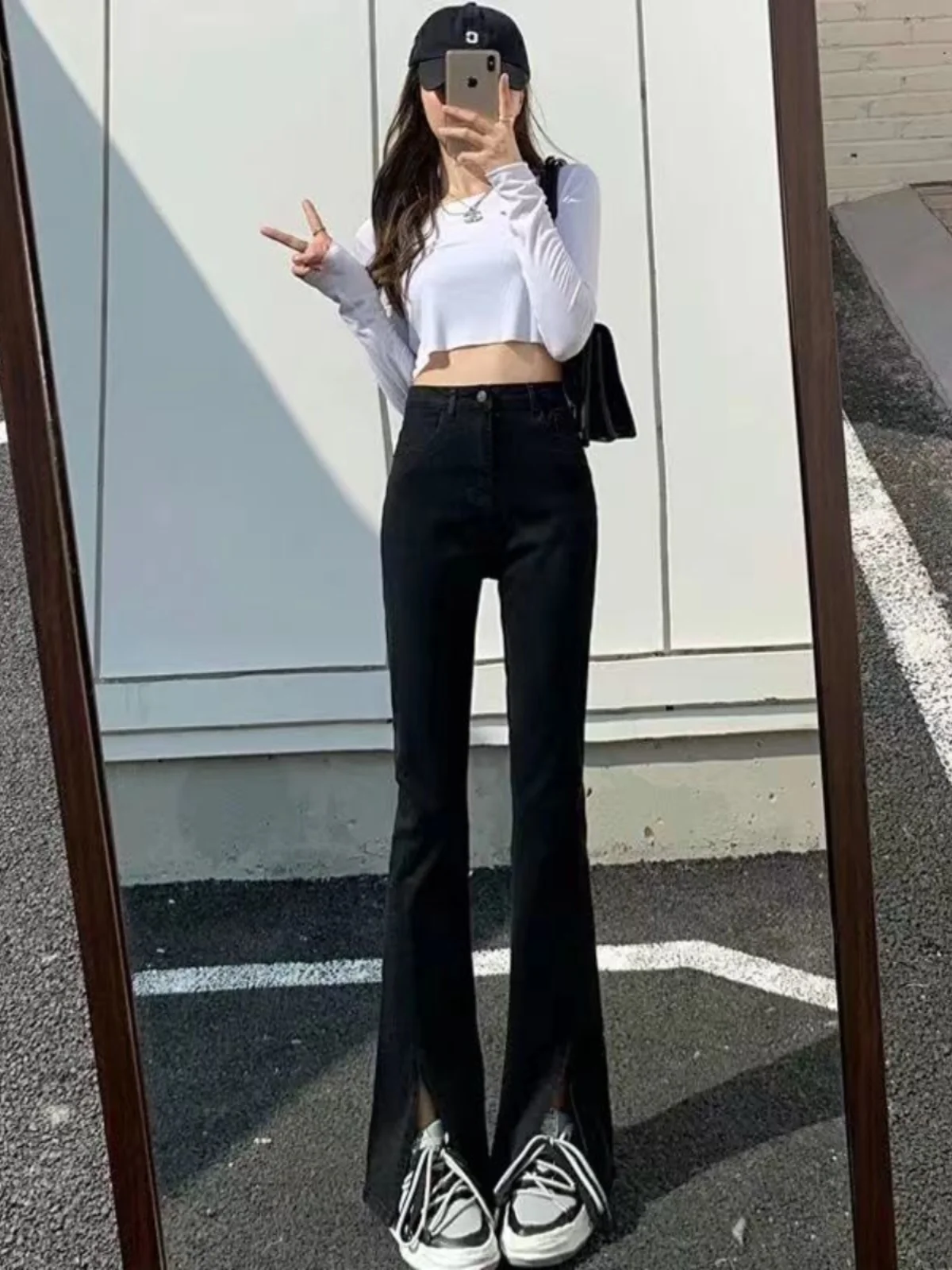 

Джинсы Bla с высокой талией, женские весенне-осенние новые утягивающие длинные брюки с эластичным разрезом, расклешенные хлопковые эластичные джинсы