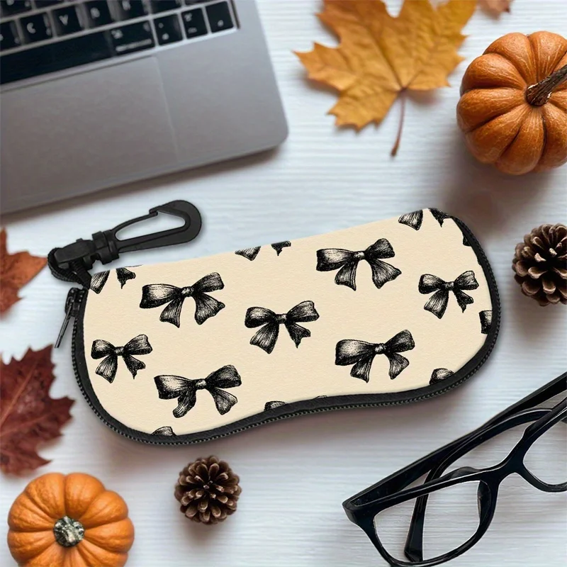 1pc Black Bows Valentine Day Women Girls Portable Neoprene Glasses Case with Bow Ultra-Lightweight Zippered Eyewear Holder