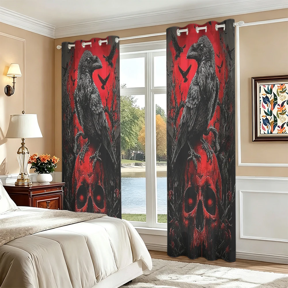 2Pcs Dark Crow Skeleton Blood Moon Printed Curtains Perforated Hole‑Punch Blackout Privacy Window Drapes For Living Room Bedr