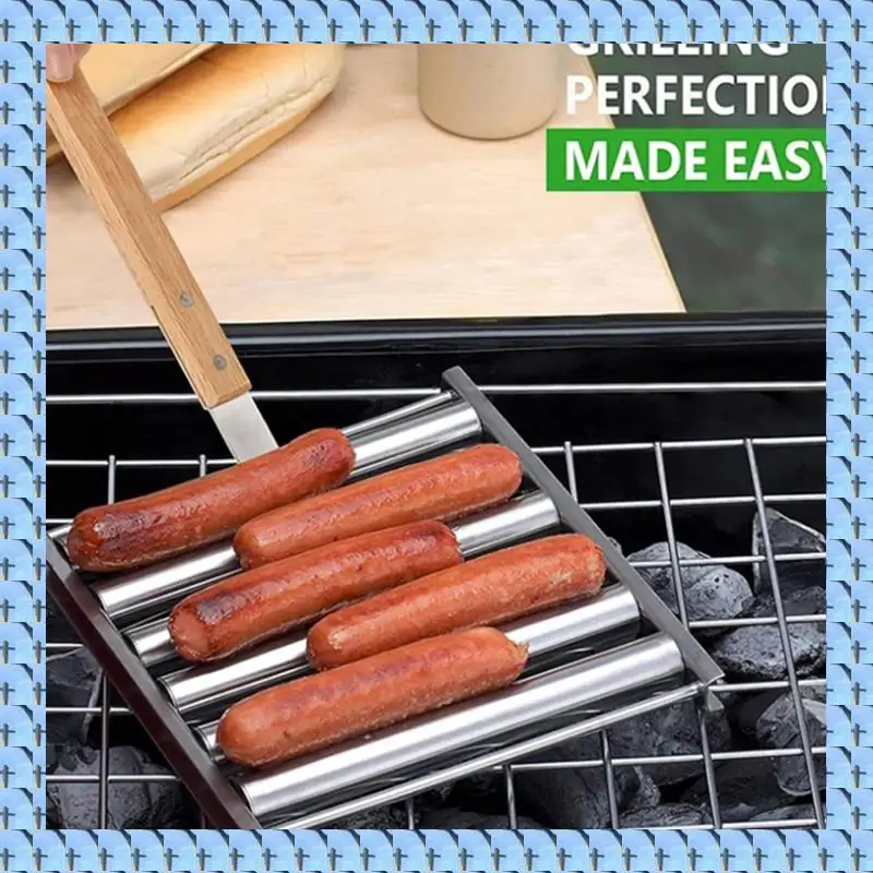 

Stainless Steel Hot Dog Roller For Grill, BBQ Sausage Roller Rack With Wood Handle,Portable Barbecue Essentials Tools Durable