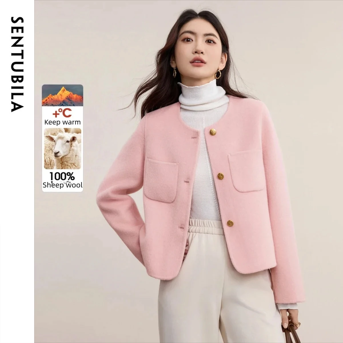 

SENTUBILA Women's 100% Wool Double Faced Coat 2025 Winter Warm Thick Tweed Jacket Women Casual Versatile Outerwear W54OG3300X