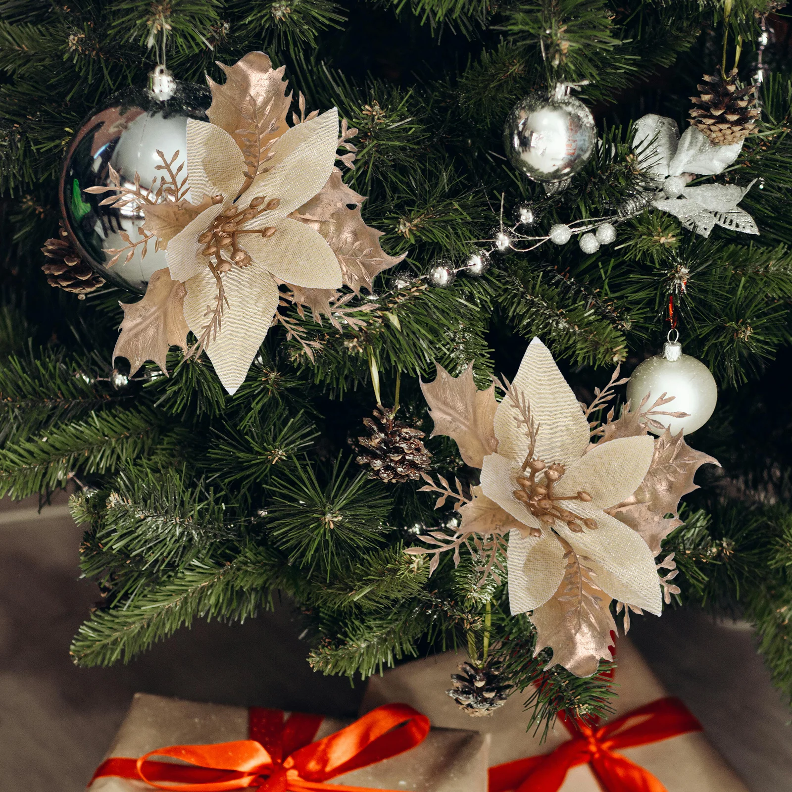 

6pcs Christmas Poinsettia Flowers Glitter Xmas Tree Ornaments With Clips Holiday Wedding Party Wreath Decorations Red Artificial