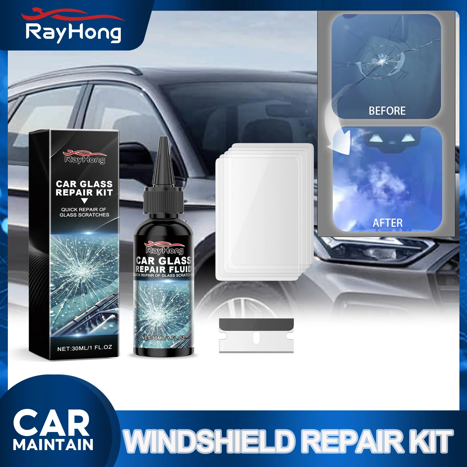 Windshield Repair Crack Fix Glass Resin UV Cure 5 Minute Fast Set Stop Crack Spreading DIY Safety Complete Kit For Car SUV 30ml