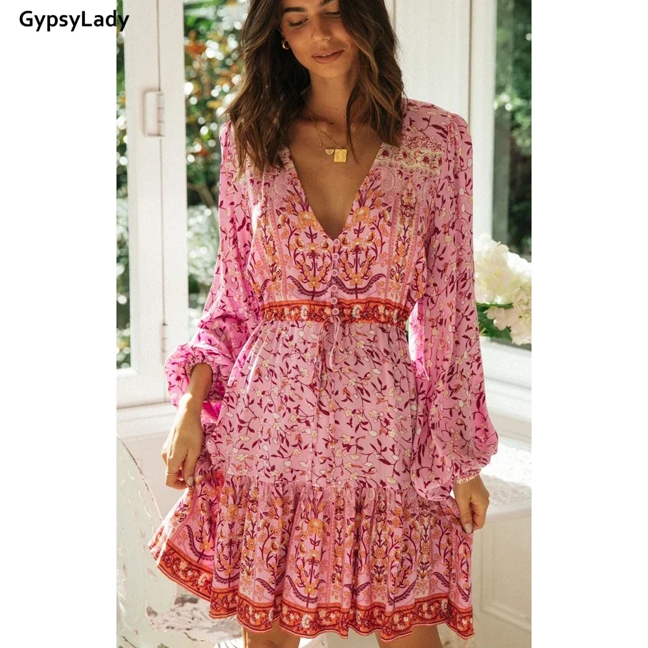 GypsyLady Pink Vintage Floral Dresses for Women Boho Hippie Mini V-neck Sexy Button Front Long Sleeve Ruffles Dress New