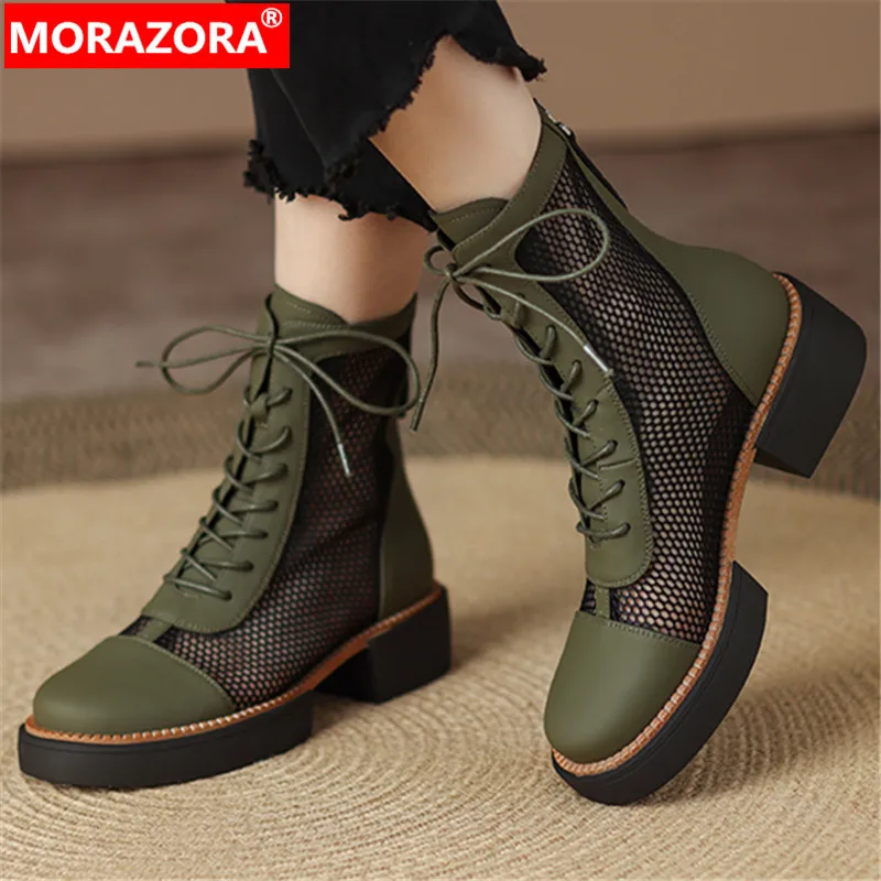 

MORAZORA 2022 New Thick Med Heels Retro Summer Boots Zipper Genuine Leather Boots Woman Ladies Mesh Ankle Boots