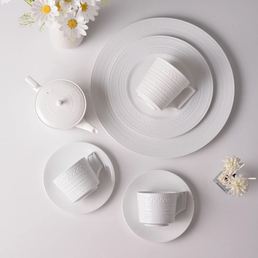

European Bone China Embossed Pure White Home Luxury Coffee Cup And Saucer Ceramic Gift Box Set For Special Occasions