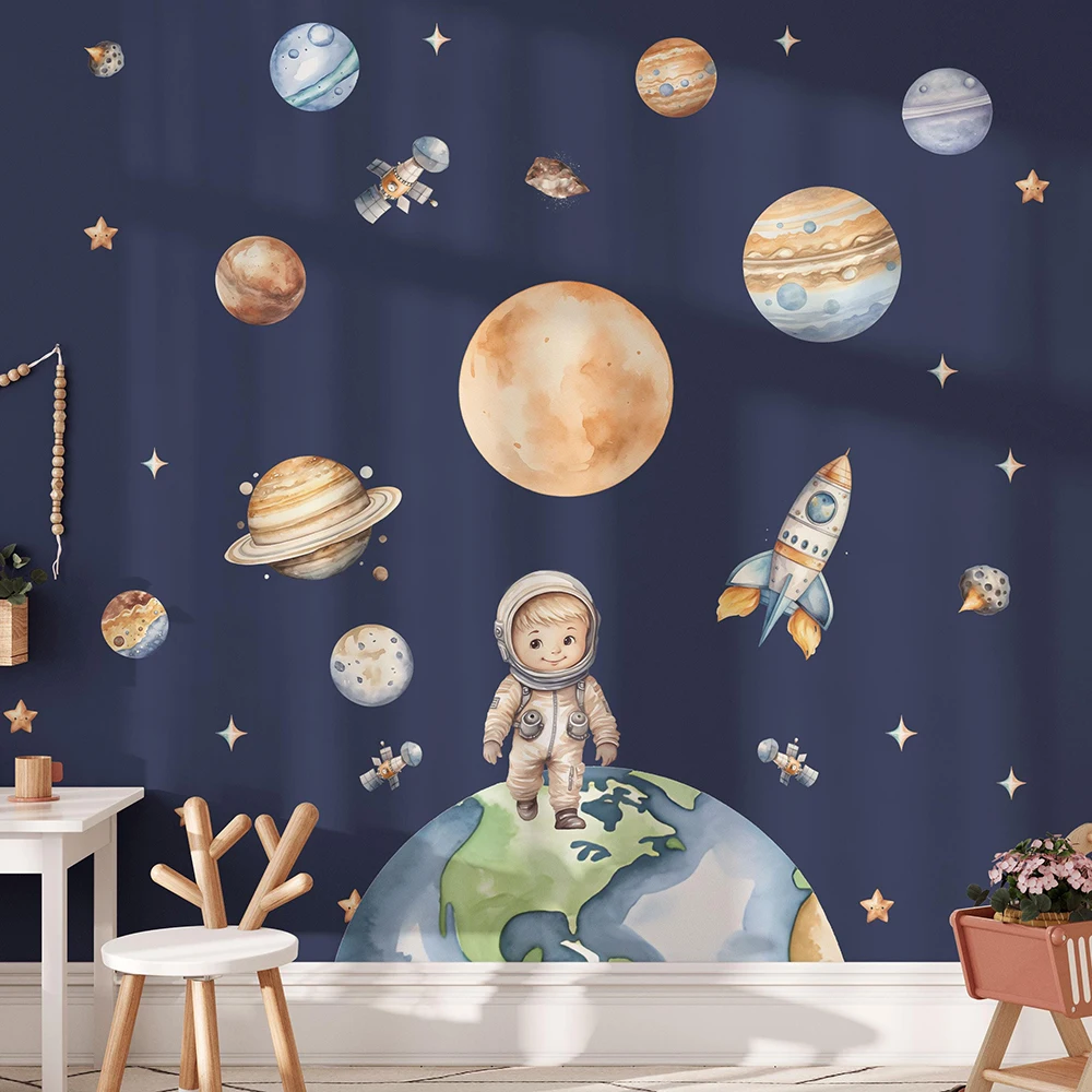 Large Space & Galaxy Rocket Astronaut Wall Sticker Kids Room Children Outer Space Rocket Ship Solar System Wall Decal Playroom