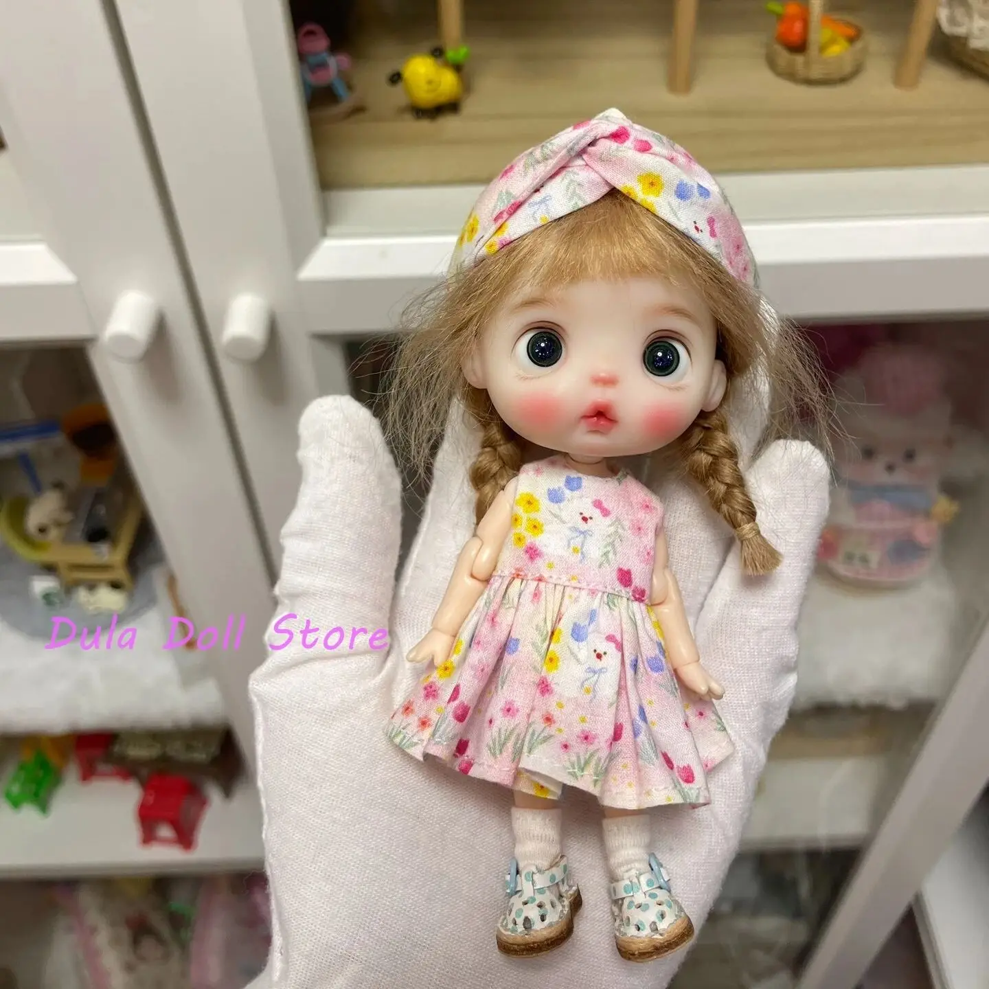 

S Dula Doll Clothes Pink floral dress with headband cover for ob11 GSC doll