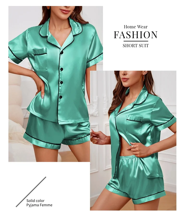 Luxuriöser Satin-Pyjama für Damen, Umlegekragen, Knopfleiste und Shorts, Nachtwäsche und Loungewear für den Sommer, Heimkleidungsanzug – Detail 20