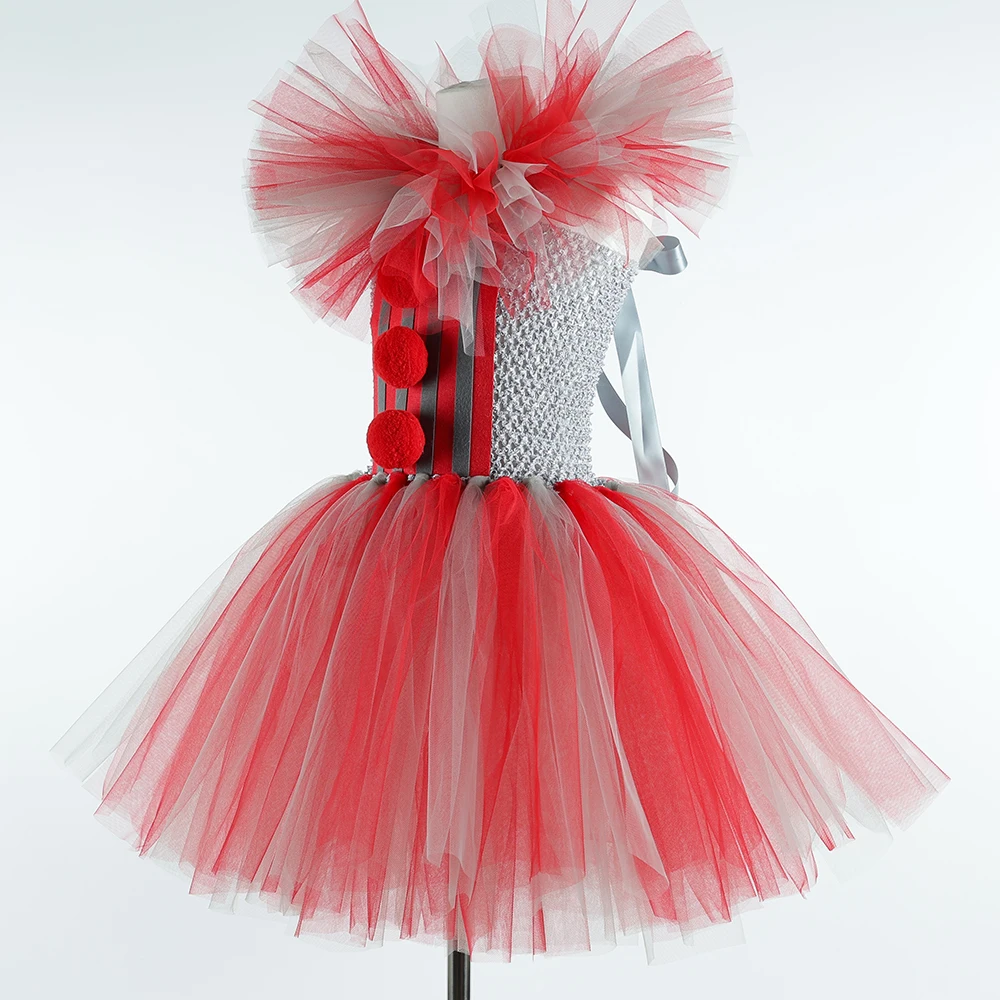 Girls It Clown Pennywise Costume Gray Red Tutu Dress Kids Halloween Creepy Clown Costumes Girl Carnival Party Dress Up Clothes