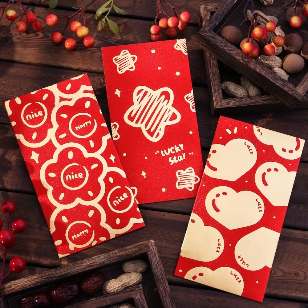 6Pcs Square Rectangle Chinese New Year Red Envelope Shining Hot Stamping Spring Festival Red Pocket Dragon Pattern Stamp Design