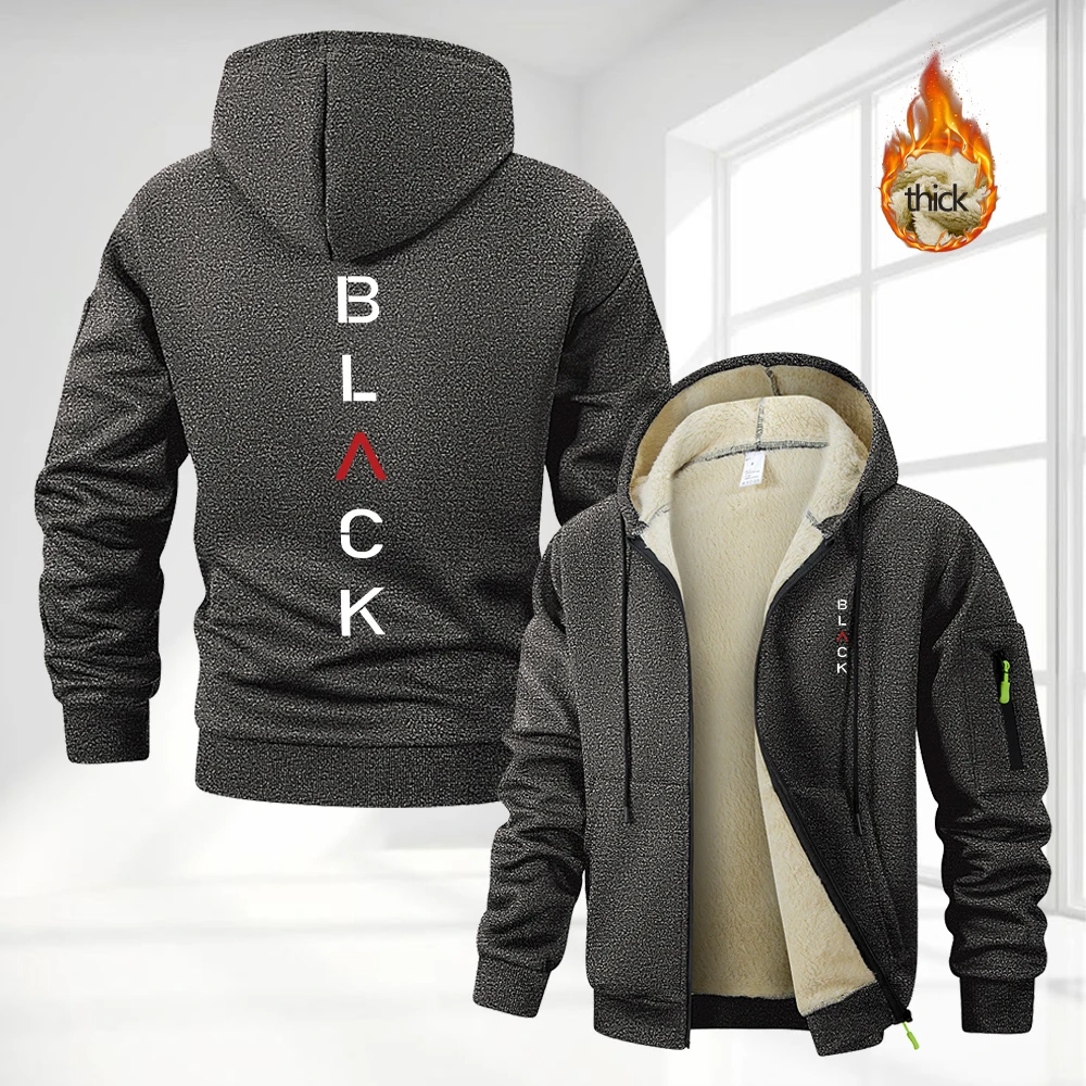 Men's Simple BLACK Word Print Thick Zip Up Hoodies Autumn And Winter Warm Everyday Commute Casual Street Style Sweatshirt