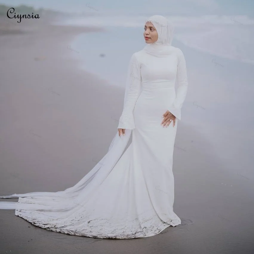 Ciynsia Customized Muslim Wedding Dress Bride Long Sleeves Hijab Bridal Gowns Mermaid with Veils Robe De Mariée 2026 New