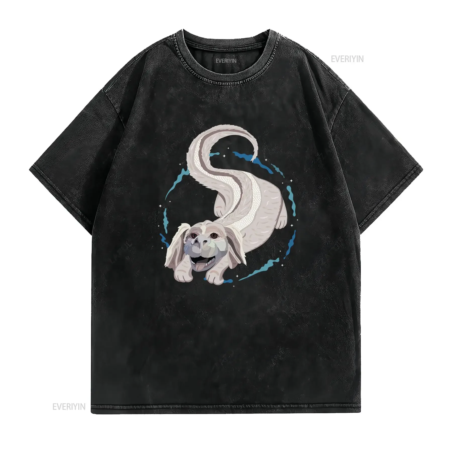 Funny Cartoon Fantasy Luck Dragon Space Galaxy Print Casual T Shirt vintage Washed Stretched Soft Versatile streetwear Slightly
