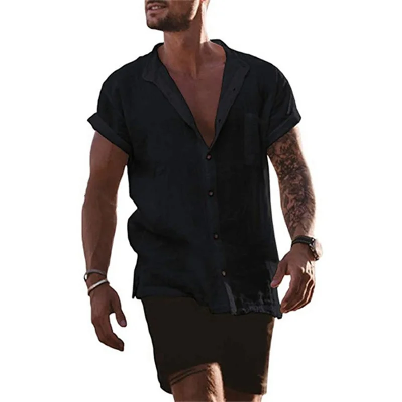 Cotton Linen Hot Sale Men\'s Short-Sleeved Shirts Summer Solid Color Stand-Up Collar Casual Beach Style Plus Size