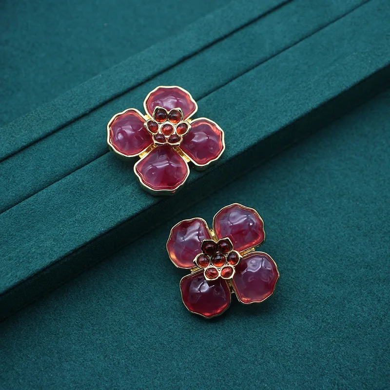 Vintage Mallard Red Jelly Glass Earrings Four-Leaf Clover Stud Earrings Flower Dangle Jewelry Accessory Birthday Gifts for Women