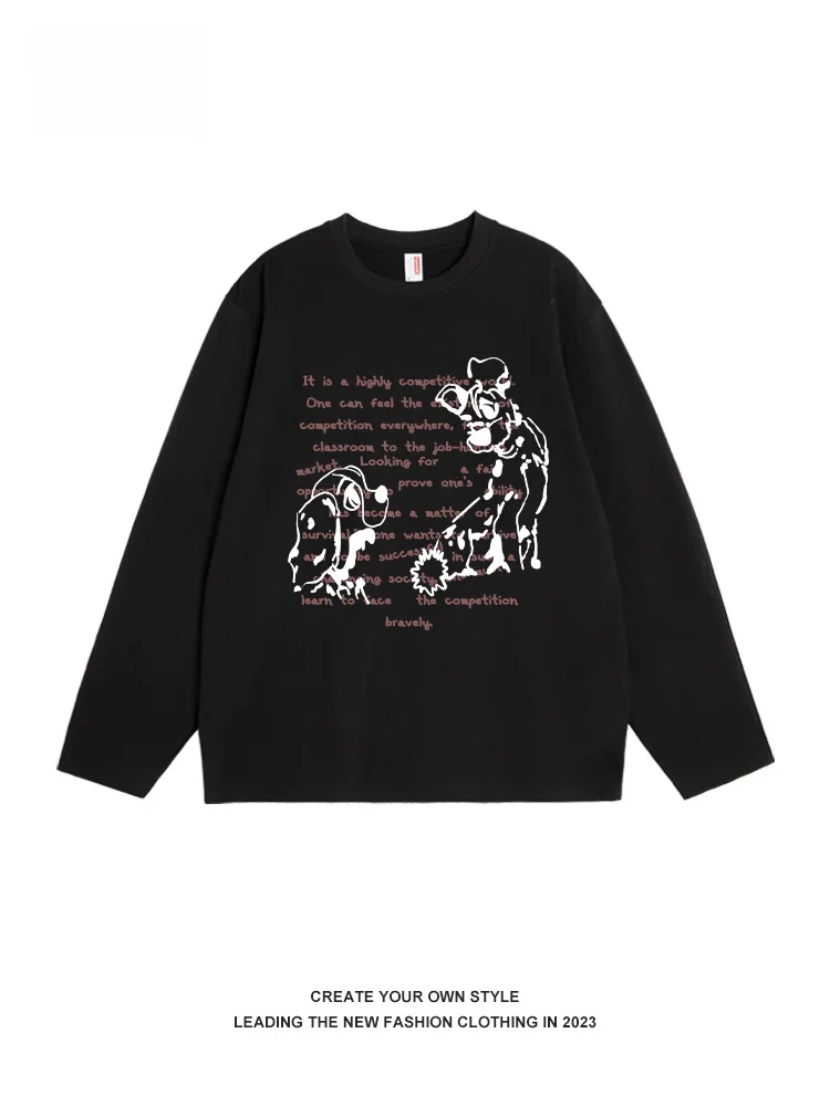 

Loose Fit Pure Cotton Long Sve Bla T-irt Women's Faion Brand American Dog Letter Print Casual round Ne Top